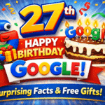 Google’s 27th birthday celebration thumbnail with colorful doodle, cake, balloons and happy birthday Google message, surprising facts and free gift theme