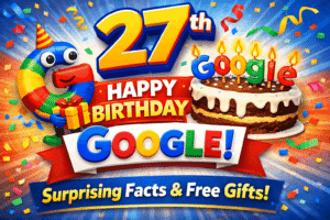 Google’s 27th birthday celebration thumbnail with colorful doodle, cake, balloons and happy birthday Google message, surprising facts and free gift theme