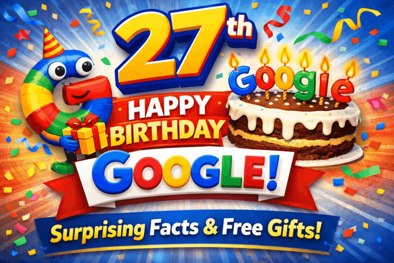 Google’s 27th birthday celebration thumbnail with colorful doodle, cake, balloons and happy birthday Google message, surprising facts and free gift theme