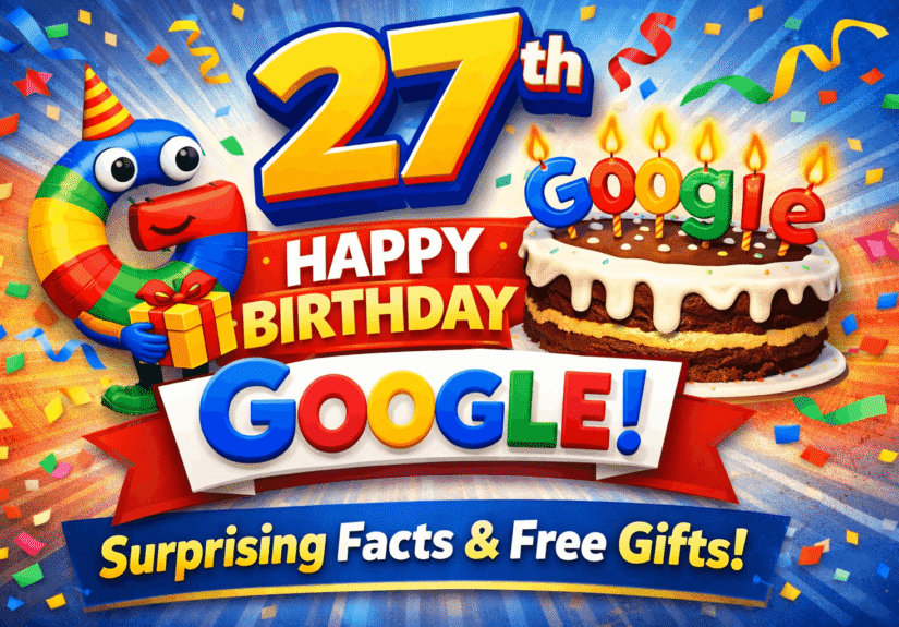 Google’s 27th birthday celebration thumbnail with colorful doodle, cake, balloons and happy birthday Google message, surprising facts and free gift theme