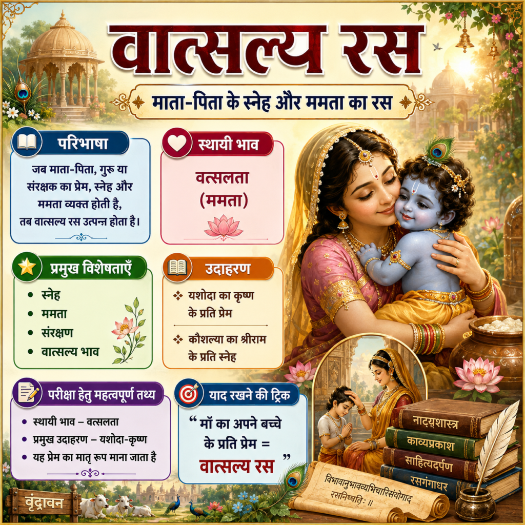 वात्सल्य रस का हिंदी साहित्य इन्फोग्राफिक जिसमें परिभाषा, वत्सलता स्थायी भाव, यशोदा-कृष्ण प्रेम, माता-पिता का स्नेह, विशेषताएँ और परीक्षा हेतु महत्वपूर्ण तथ्य शामिल हैं।