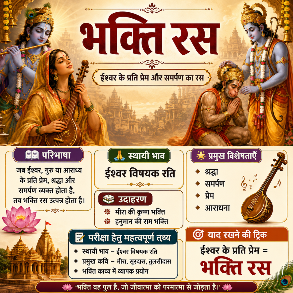 भक्ति रस का हिंदी साहित्य इन्फोग्राफिक जिसमें परिभाषा, ईश्वर विषयक रति स्थायी भाव, मीरा की कृष्ण भक्ति, हनुमान की राम भक्ति, विशेषताएँ और परीक्षा नोट्स शामिल हैं।