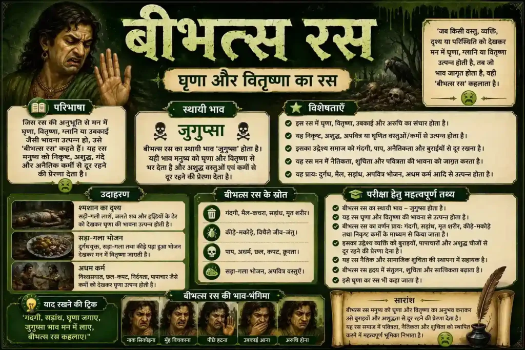 बीभत्स रस हिंदी साहित्य इन्फोग्राफिक – परिभाषा, स्थायी भाव जुगुप्सा, उदाहरण, विशेषताएँ, परीक्षा नोट्स और नवरस अध्ययन सामग्री