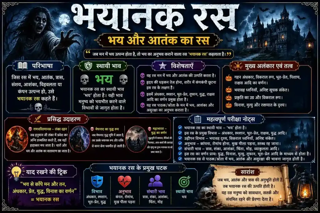 भयानक रस हिंदी साहित्य इन्फोग्राफिक – परिभाषा, स्थायी भाव भय, उदाहरण, विभाव, अनुभाव, संचारी भाव और परीक्षा नोट्स