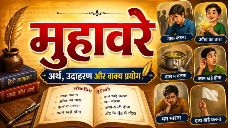 "मुहावरे इन हिंदी (Muhavare in Hindi) – अर्थ, उदाहरण और वाक्य प्रयोग के साथ लोकप्रिय हिंदी मुहावरों की सूची, हिंदी व्याकरण पुस्तक, शैक्षिक बैनर और प्रतियोगी परीक्षा अध्ययन सामग्री"