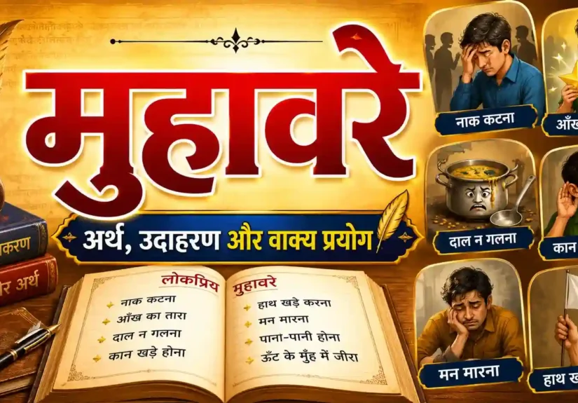 "मुहावरे इन हिंदी (Muhavare in Hindi) – अर्थ, उदाहरण और वाक्य प्रयोग के साथ लोकप्रिय हिंदी मुहावरों की सूची, हिंदी व्याकरण पुस्तक, शैक्षिक बैनर और प्रतियोगी परीक्षा अध्ययन सामग्री"