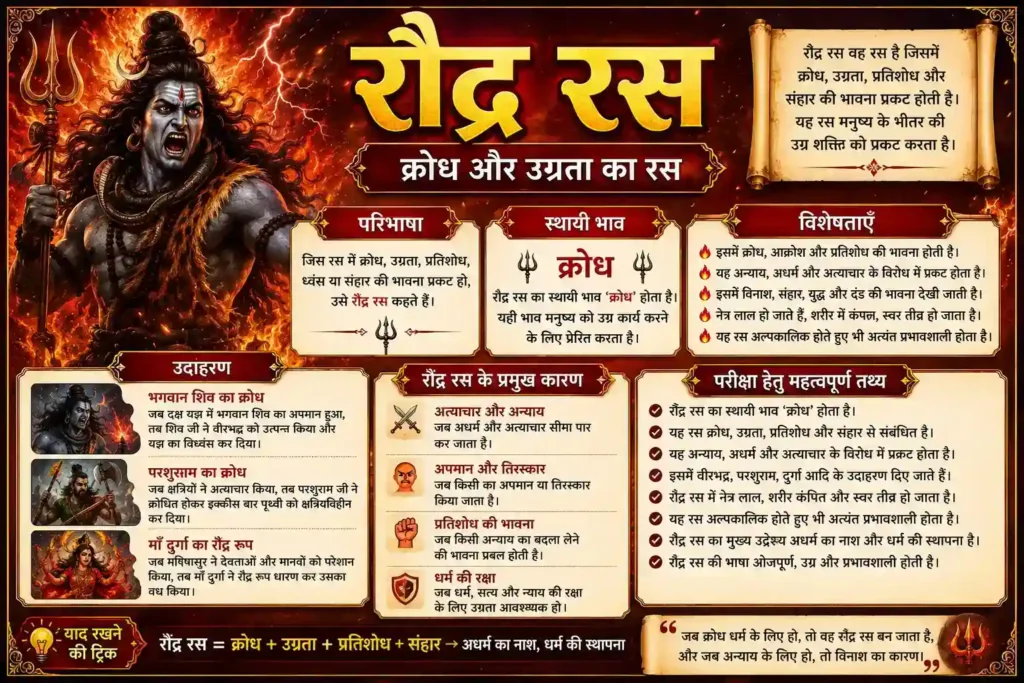 रौद्र रस हिंदी साहित्य इन्फोग्राफिक – परिभाषा, स्थायी भाव क्रोध, उदाहरण, विशेषताएँ, परीक्षा हेतु महत्वपूर्ण तथ्य और अध्ययन नोट्स