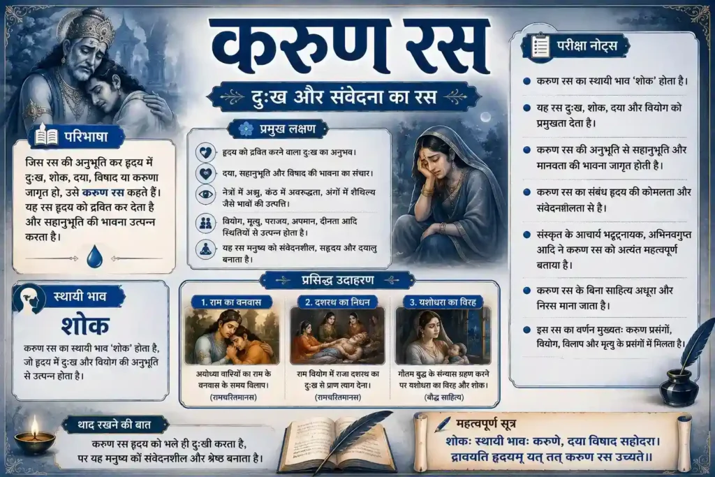 करुण रस इन्फोग्राफिक हिंदी साहित्य – परिभाषा, स्थायी भाव शोक, उदाहरण, प्रमुख लक्षण, परीक्षा नोट्स और महत्वपूर्ण सूत्र