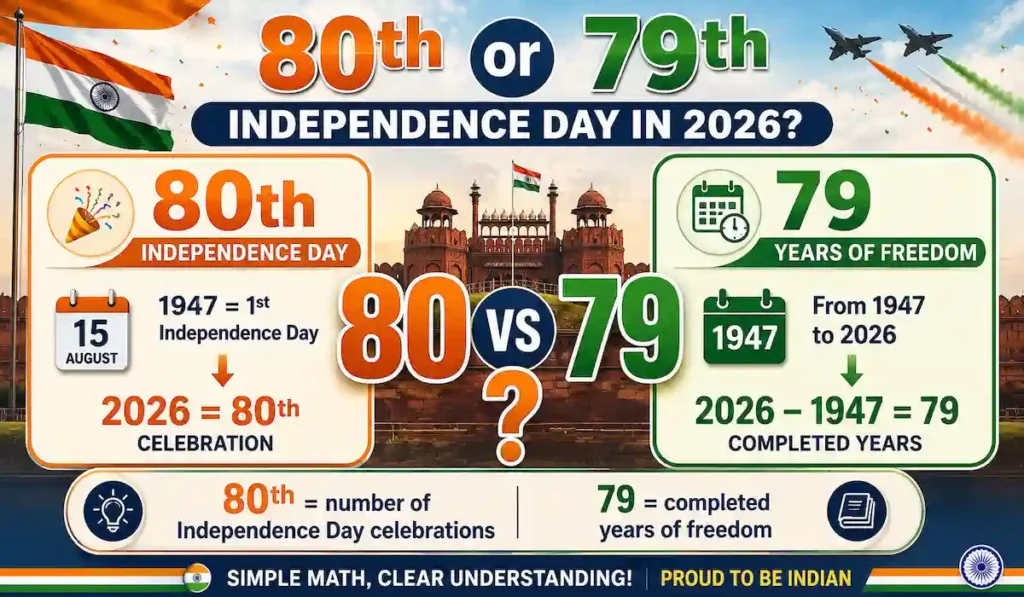 80th Indian Independence Day 2026 – History & Celebrations 9 80th or 79th Independence Day in 2026 infographic explaining 80 Independence Day celebrations versus 79 completed years of freedom