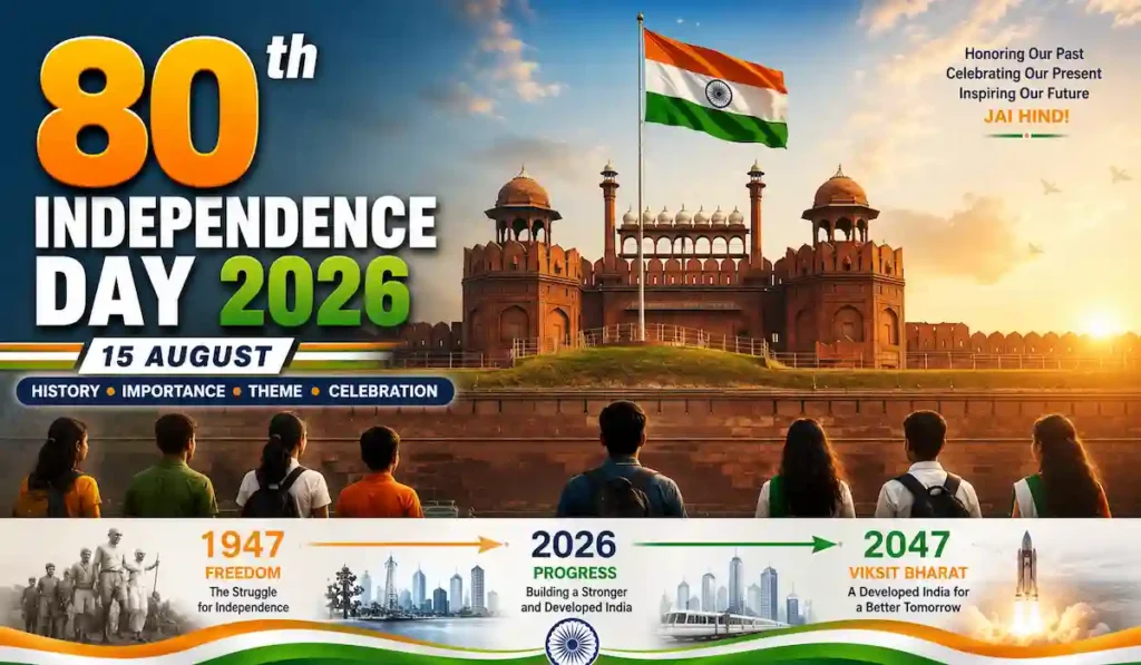 80th Indian Independence Day 2026 – History & Celebrations 8 80th Independence Day of India 2026 banner featuring the Red Fort, Indian Tricolour, students, and the journey from 1947 to 2026 and 2047