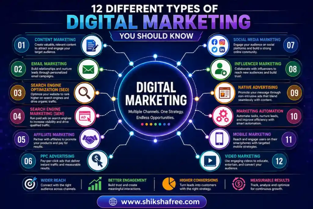 What Is Digital Marketing? Everything You Need To Know 9 Infographic showing 12 types of digital marketing including SEO, content, email, SEM, PPC, social media, affiliate, influencer, native, automation, mobile, and video marketing.