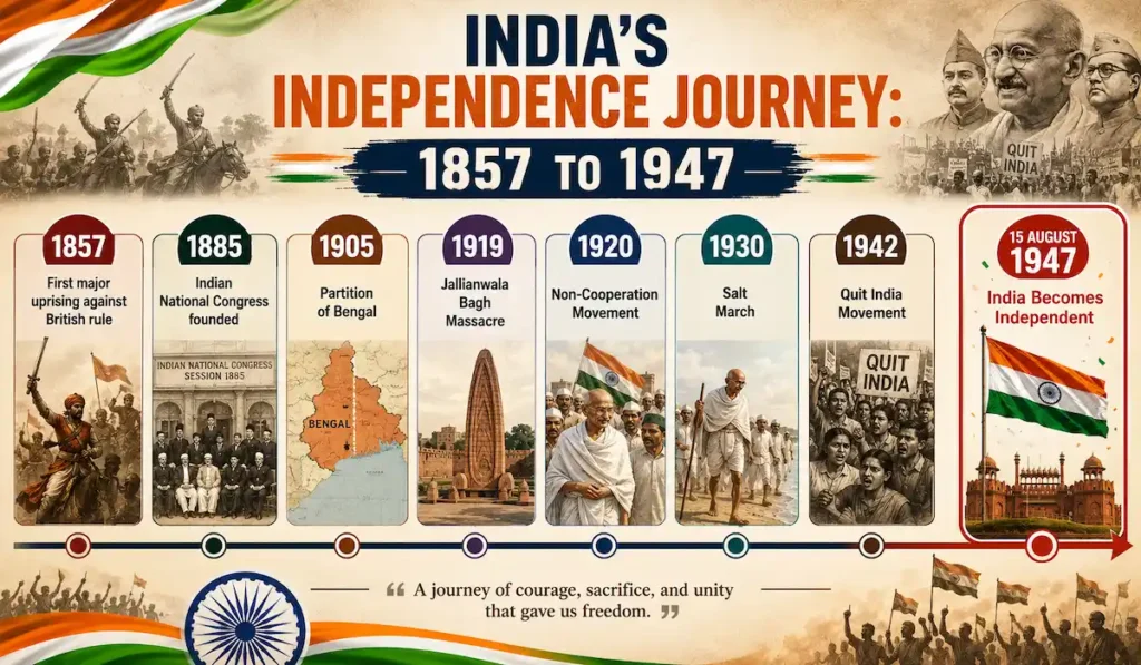 80th Indian Independence Day 2026 – History & Celebrations 11 India’s independence movement timeline from 1857 to 1947 showing the major events that led to freedom from British rule
