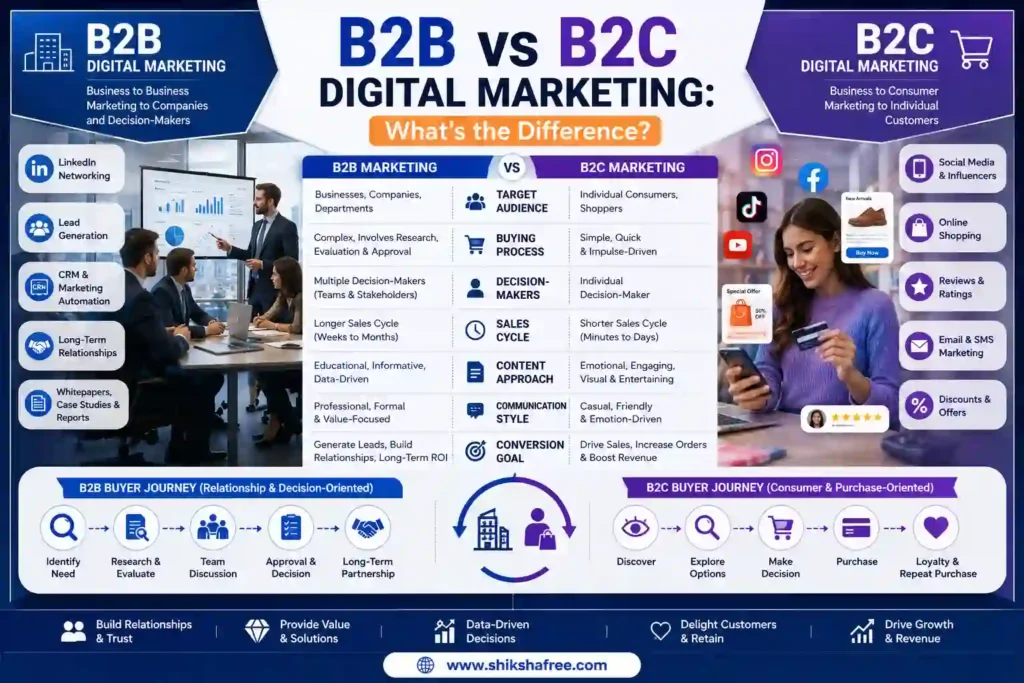 What Is Digital Marketing? Everything You Need To Know 6 B2B vs B2C digital marketing comparison showing differences in audiences, buying processes, decision-makers, content, communication, and conversions.