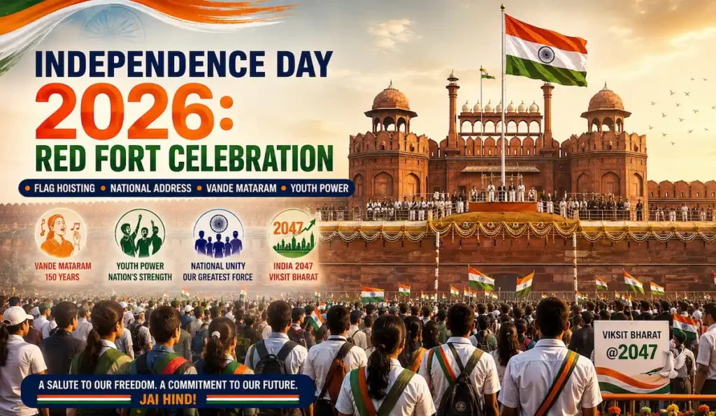 80th Indian Independence Day 2026 – History & Celebrations 10 Independence Day 2026 Red Fort celebration with Indian Tricolour flag hoisting, students, citizens, Vande Mataram, youth power, and India 2047