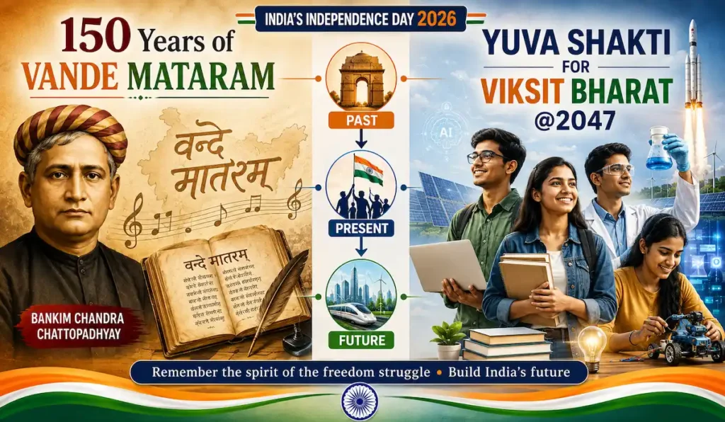 80th Indian Independence Day 2026 – History & Celebrations 12 India Independence Day 2026 infographic showing 150 Years of Vande Mataram and Yuva Shakti for Viksit Bharat 2047