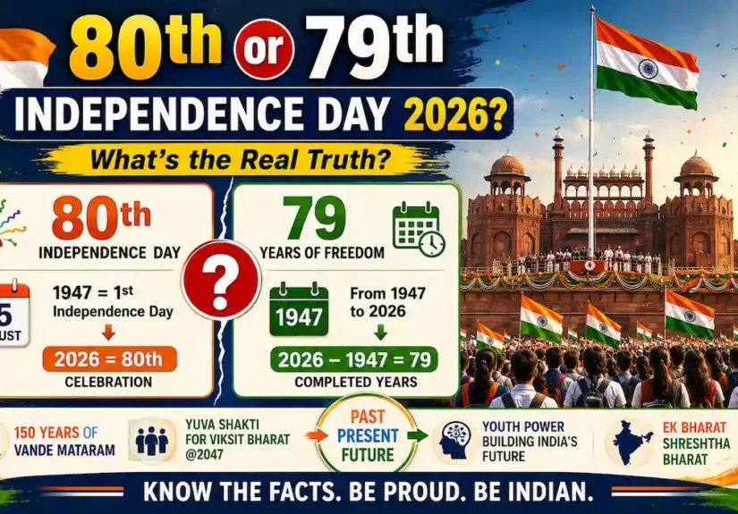 80th or 79th Independence Day of India in 2026 infographic comparing the 80th Independence Day celebration with 79 completed years of freedom