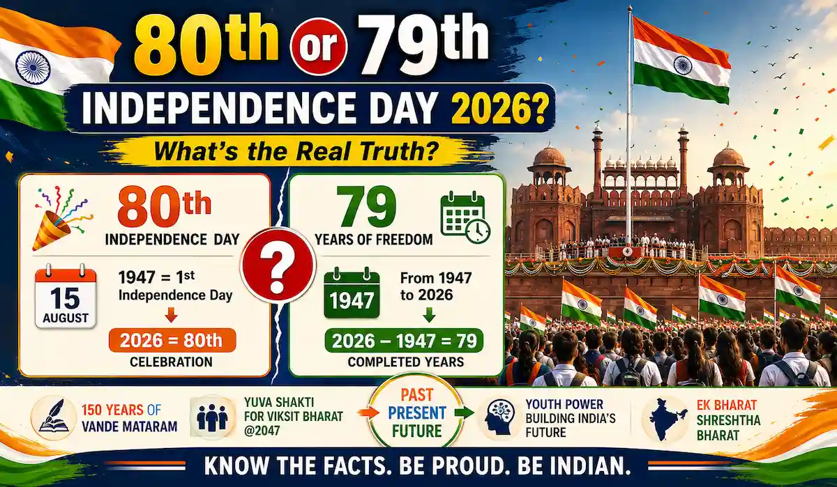 80th or 79th Independence Day of India in 2026 infographic comparing the 80th Independence Day celebration with 79 completed years of freedom