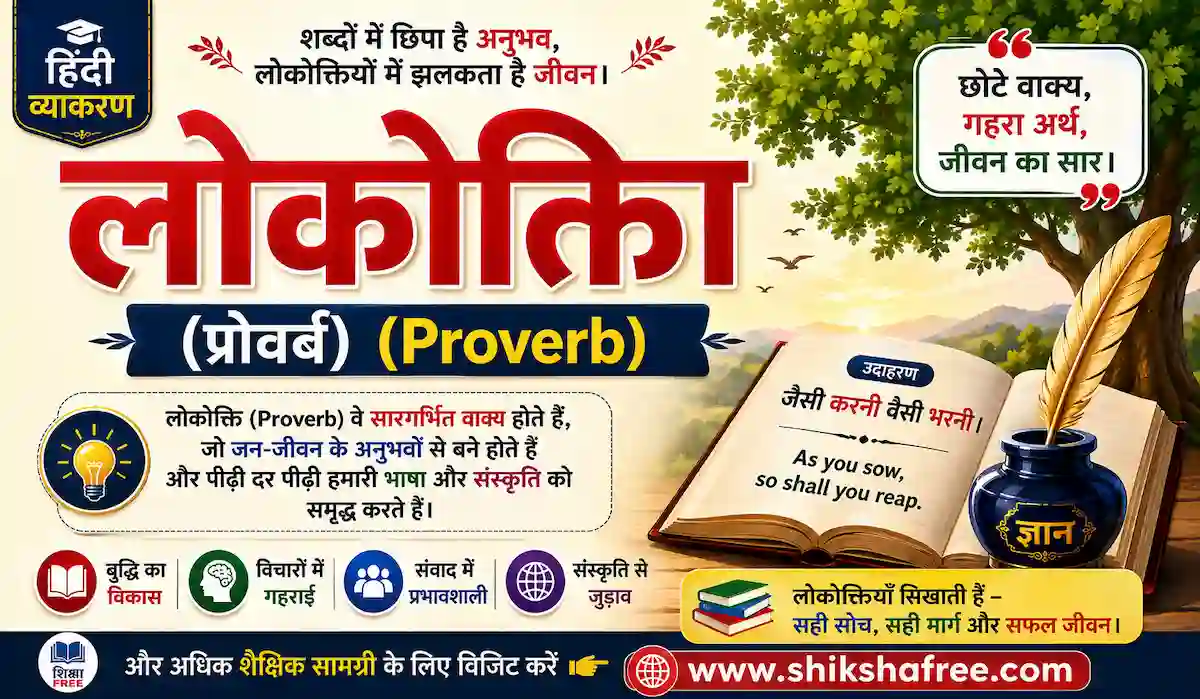 लोकोक्ति (Proverb) का अर्थ, उदाहरण और महत्व दर्शाने वाला हिंदी शैक्षिक बैनर